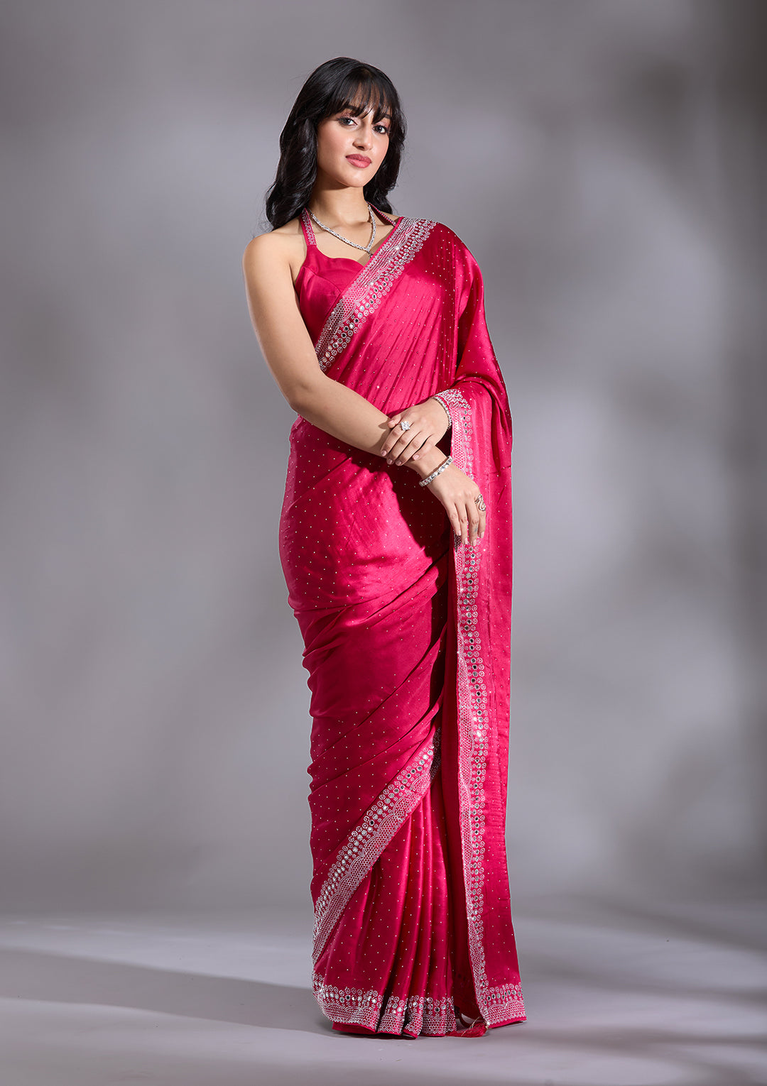 Rani Pink Silver Stonework Satin Saree