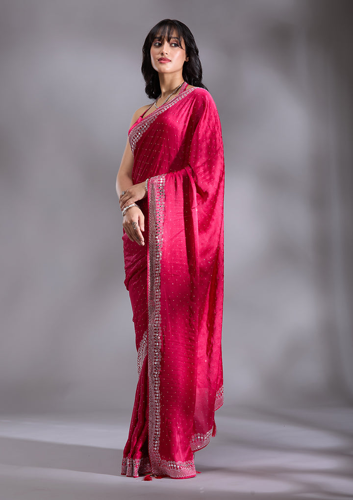 Rani Pink Silver Stonework Satin Saree