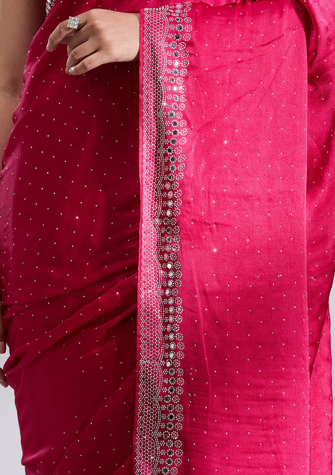Rani Pink Silver Stonework Satin Saree