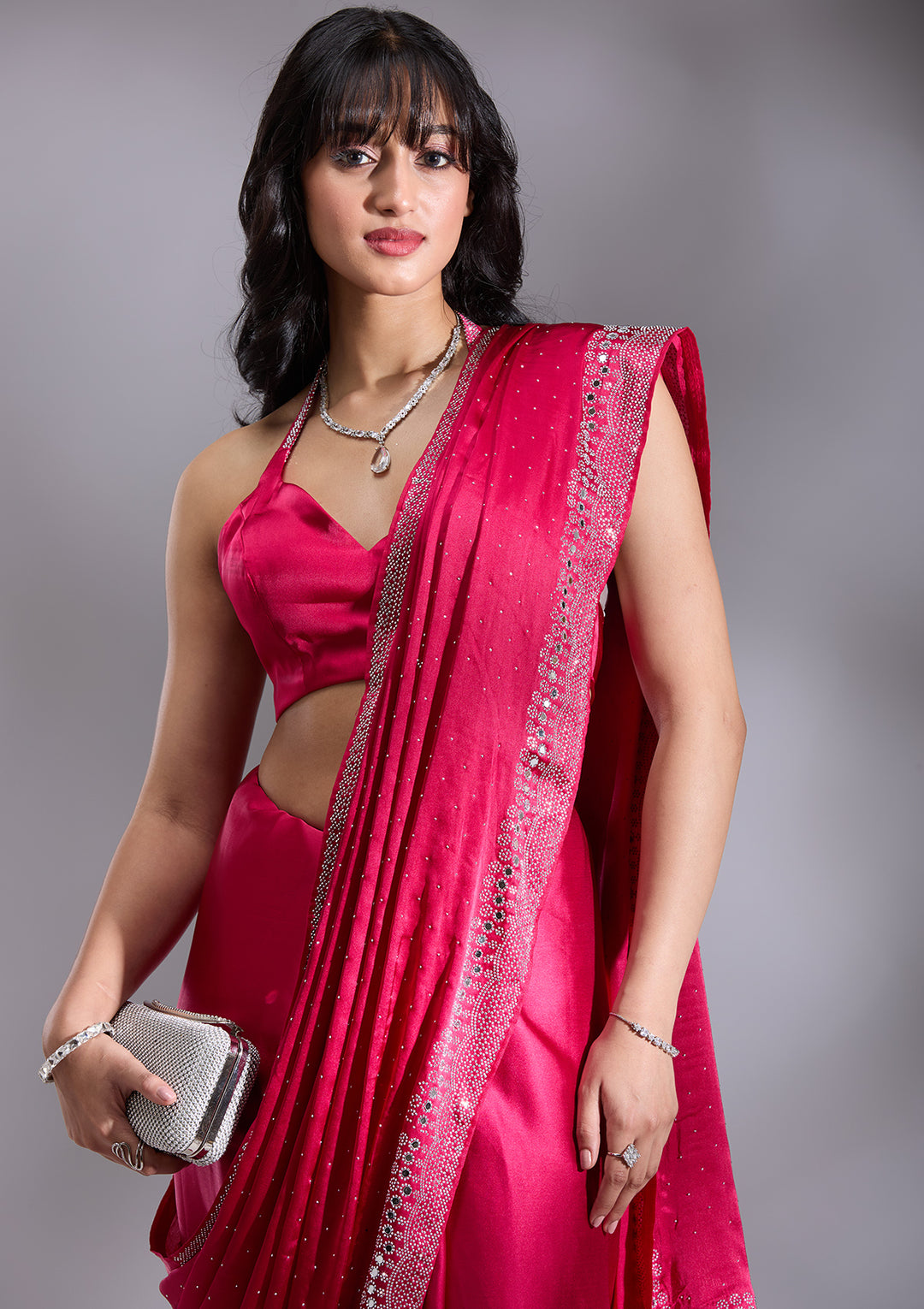 Rani Pink Silver Stonework Satin Saree