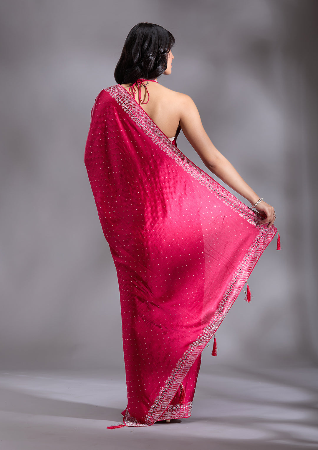 Rani Pink Silver Stonework Satin Saree