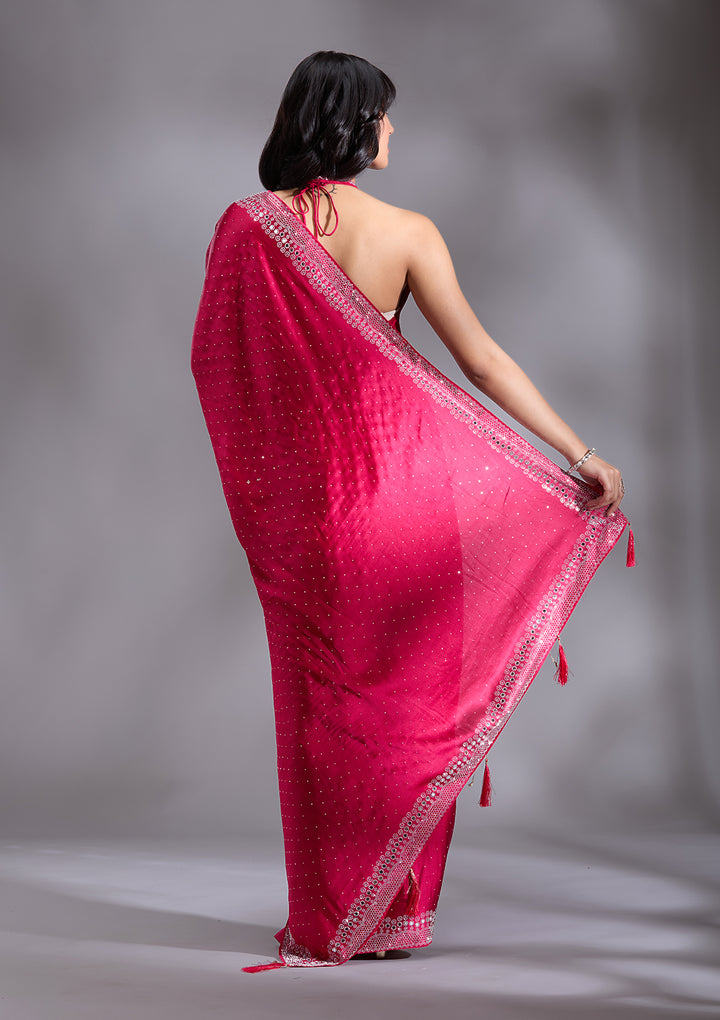 Rani Pink Silver Stonework Satin Saree