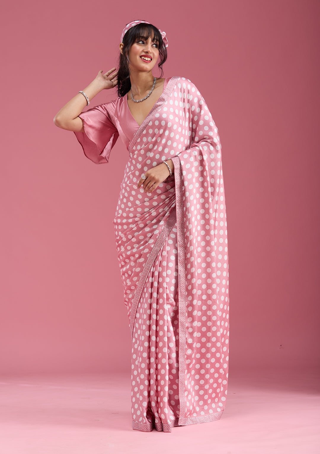 Onion Pink Silver Stonework Satin Saree