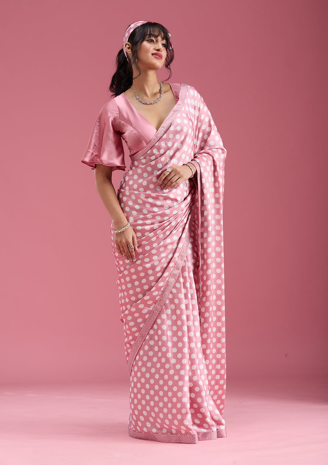 Onion Pink Silver Stonework Satin Saree