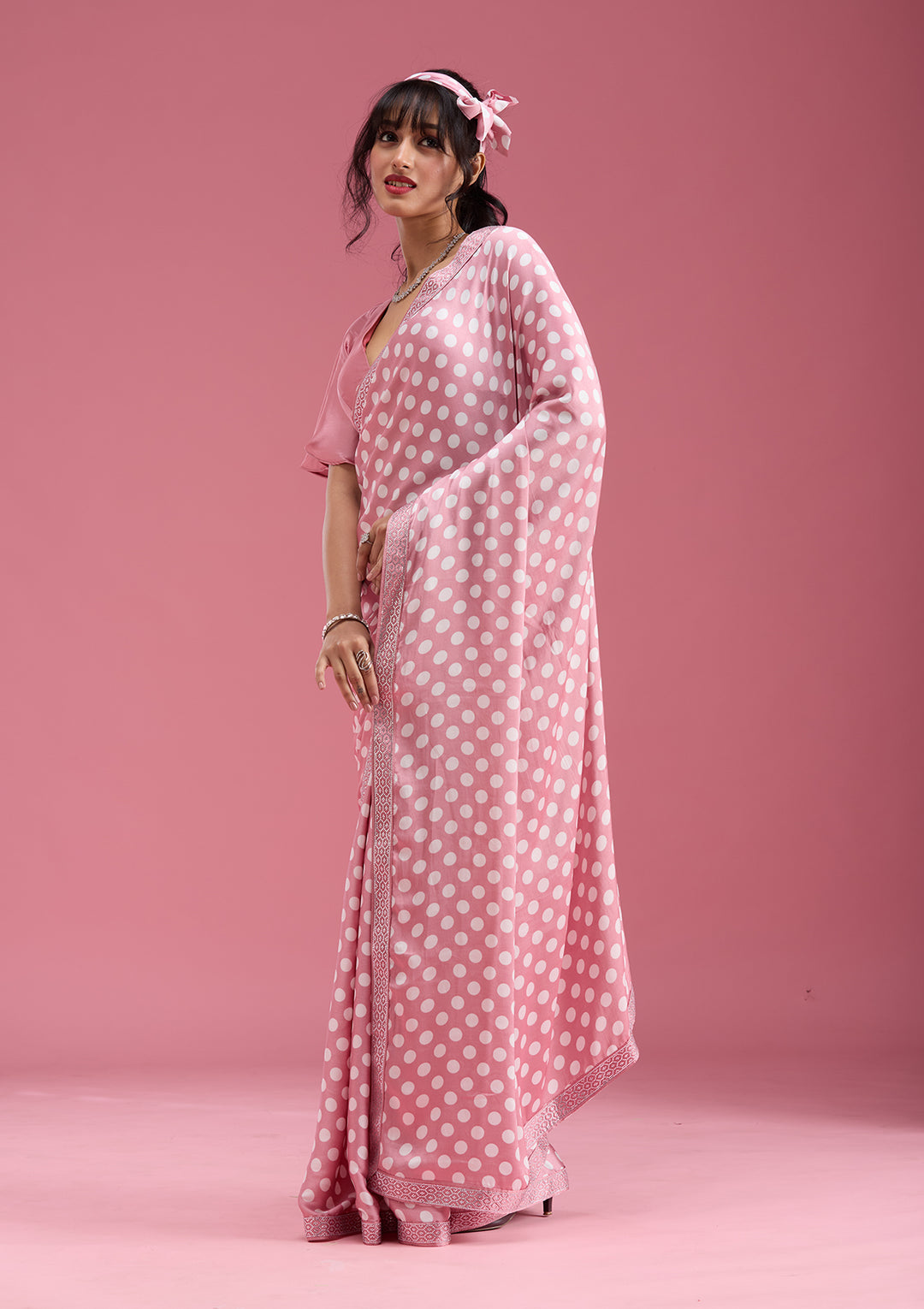 Onion Pink Silver Stonework Satin Saree