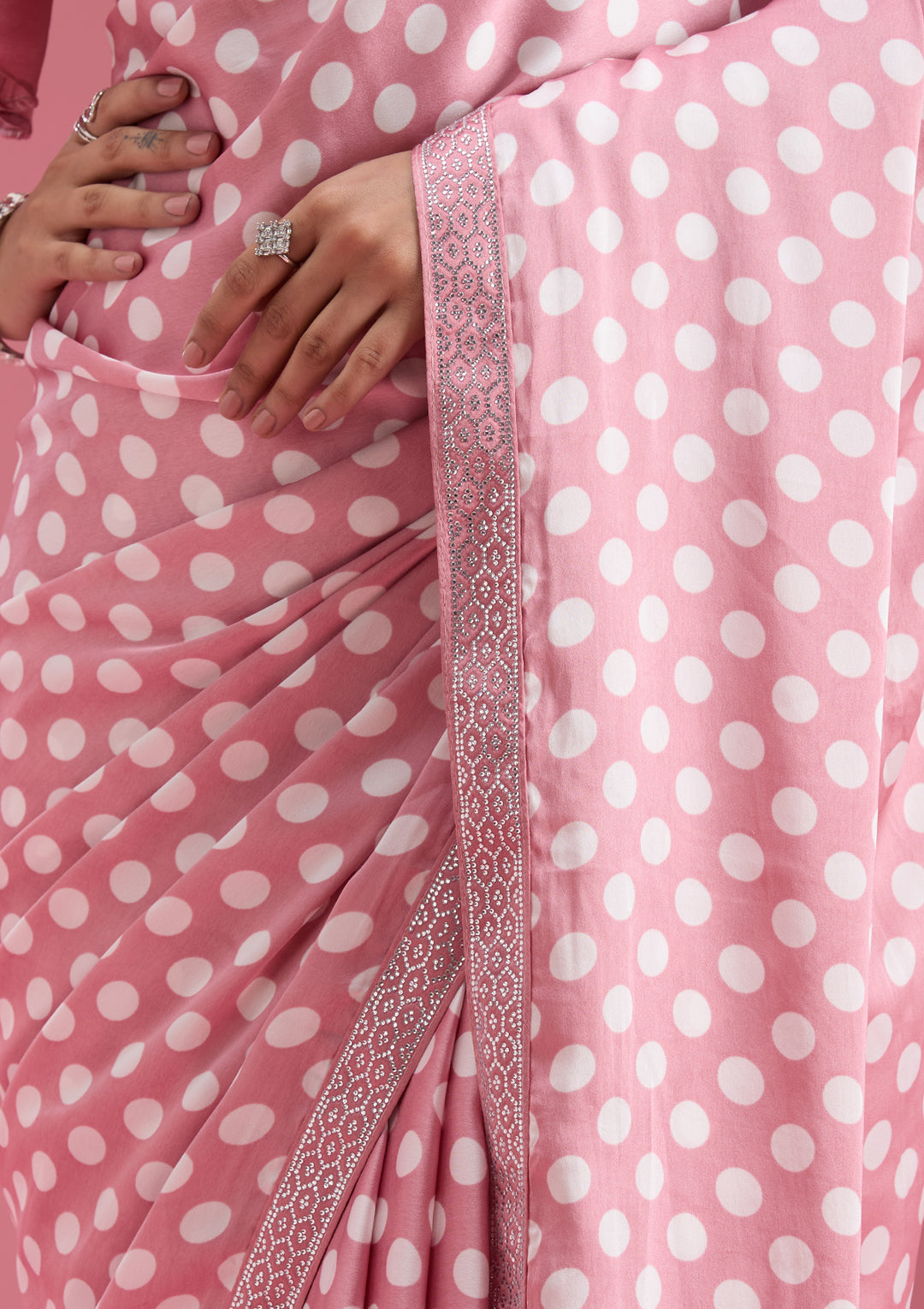 Onion Pink Silver Stonework Satin Saree