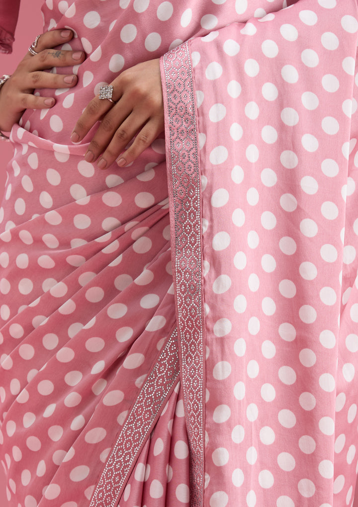 Onion Pink Silver Stonework Satin Saree