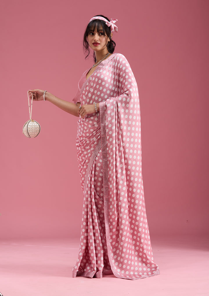 Onion Pink Silver Stonework Satin Saree