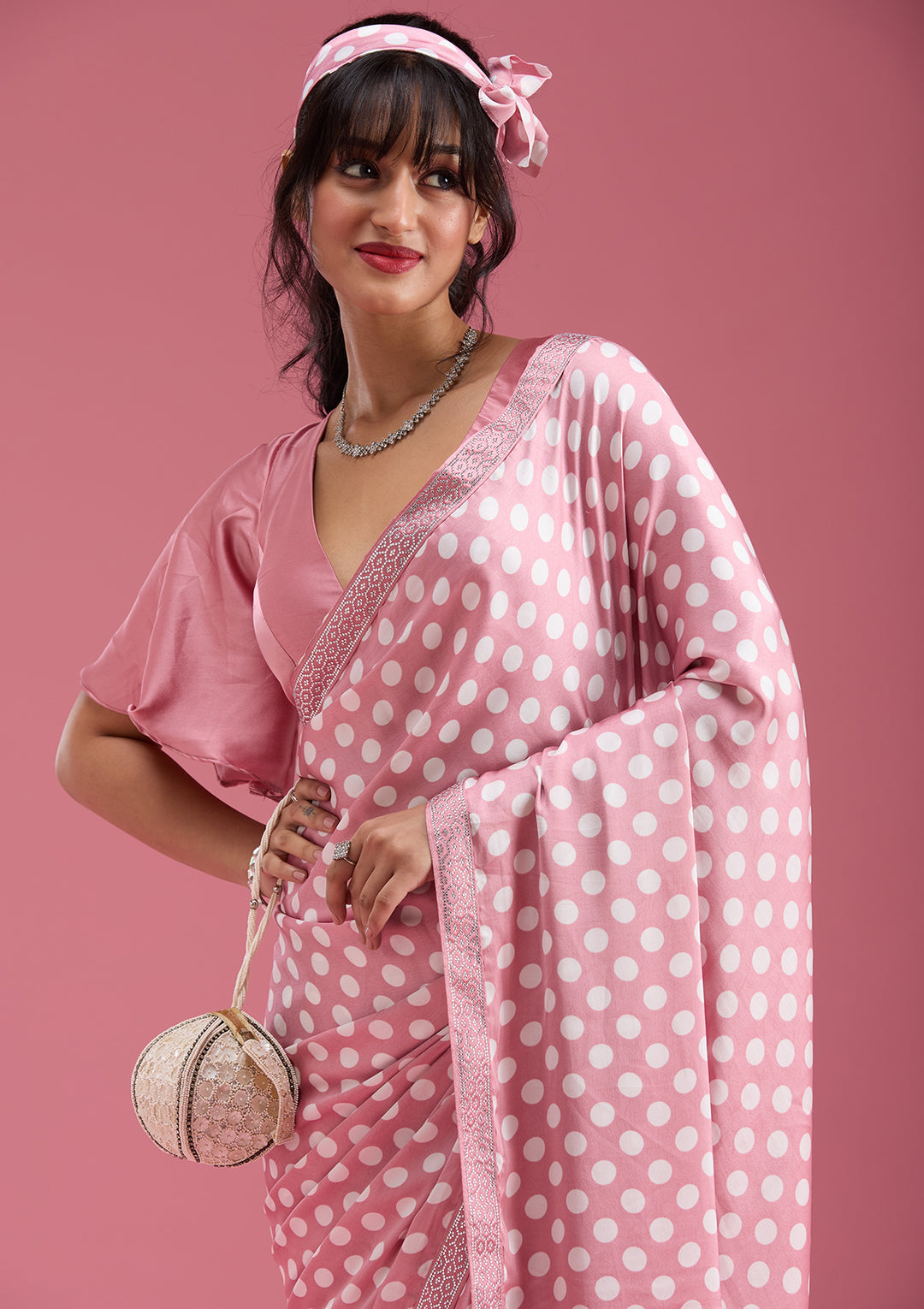 Onion Pink Silver Stonework Satin Saree