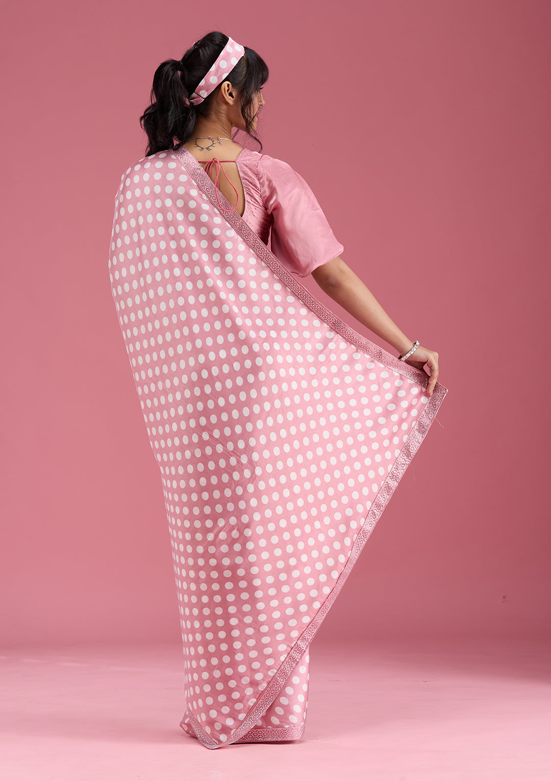 Onion Pink Silver Stonework Satin Saree