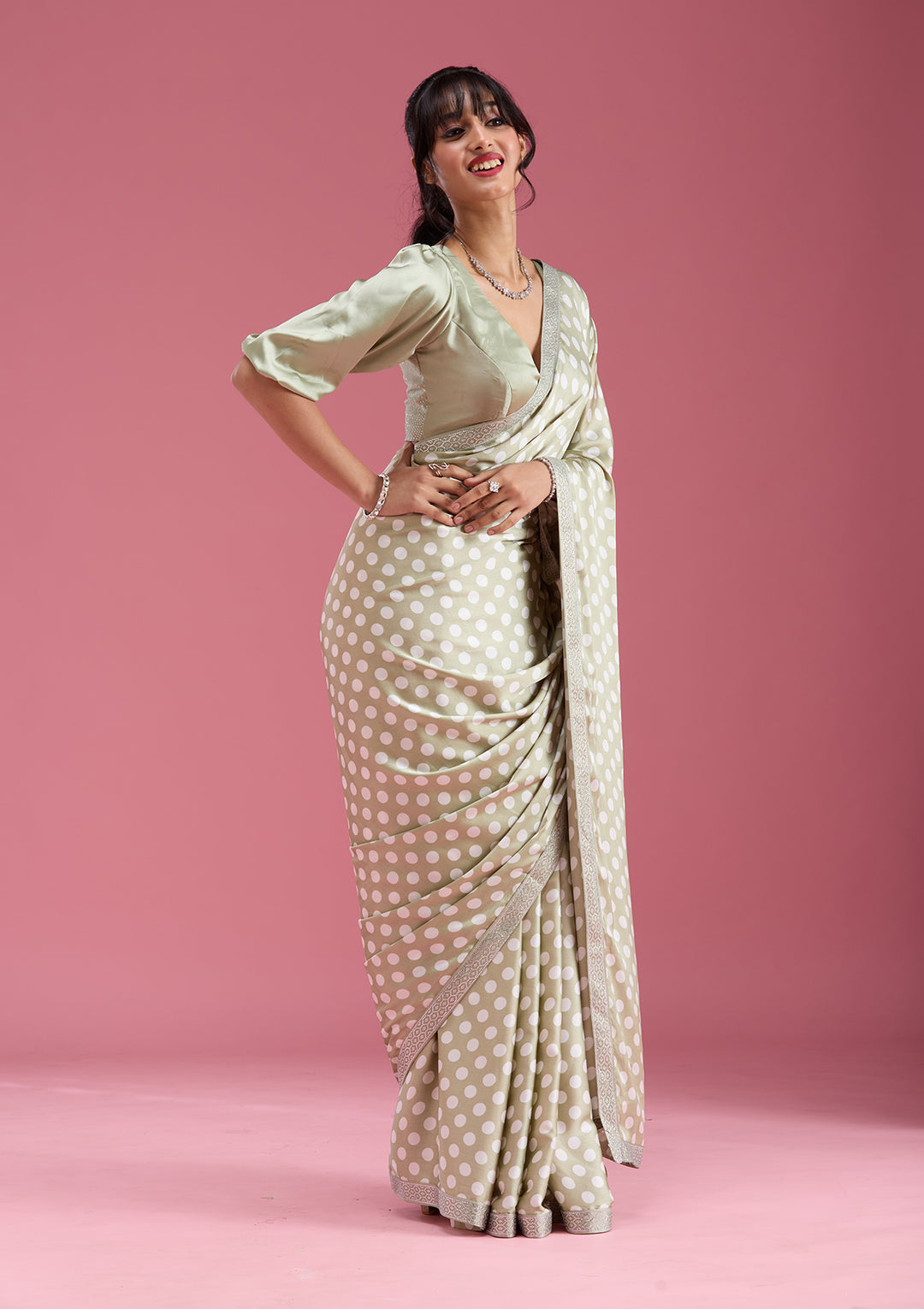 Pista Green Silver Stonework Satin Saree