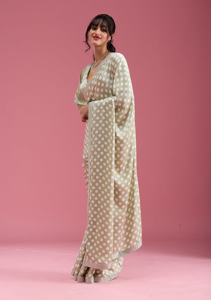 Pista Green Silver Stonework Satin Saree