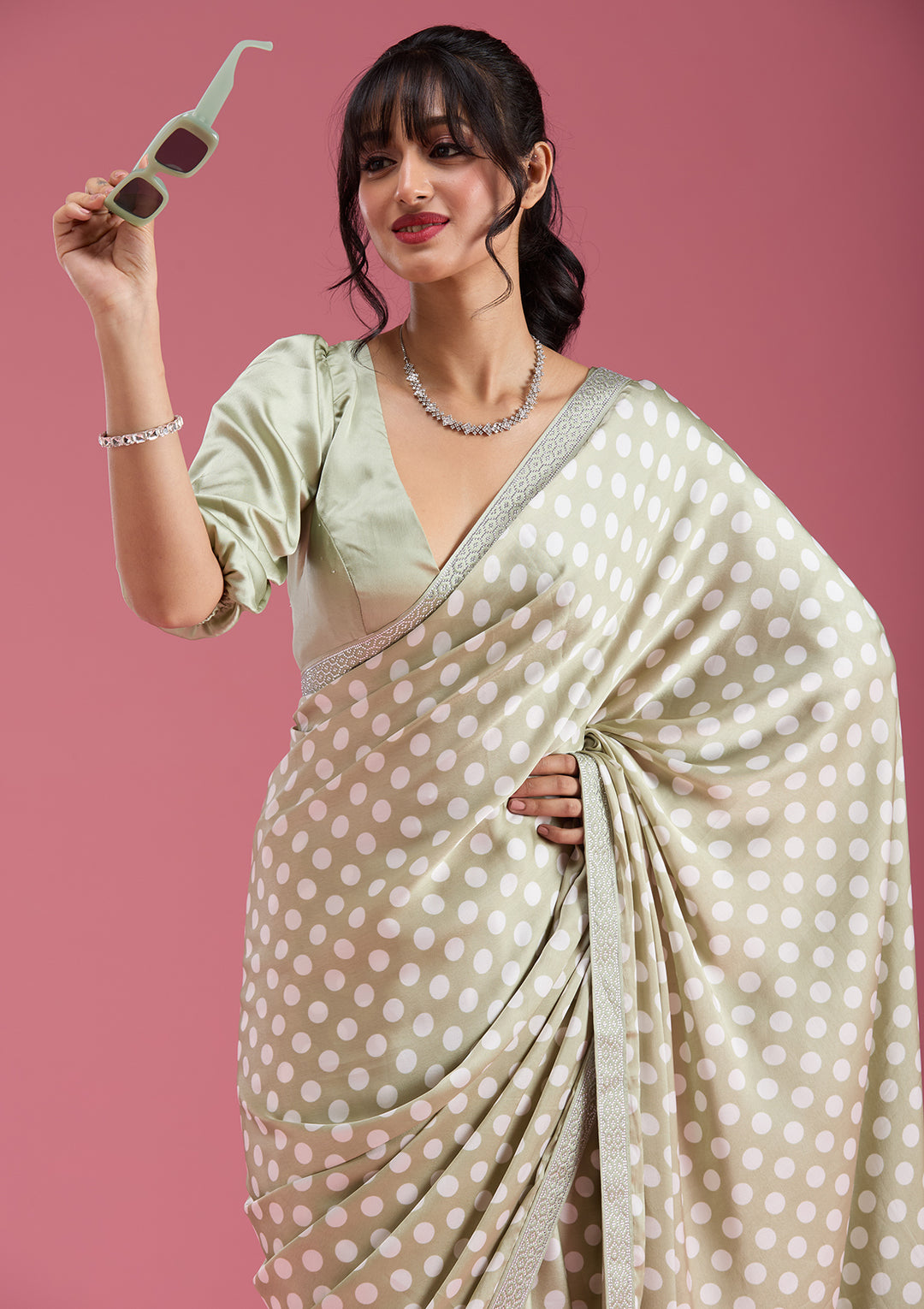 Pista Green Silver Stonework Satin Saree