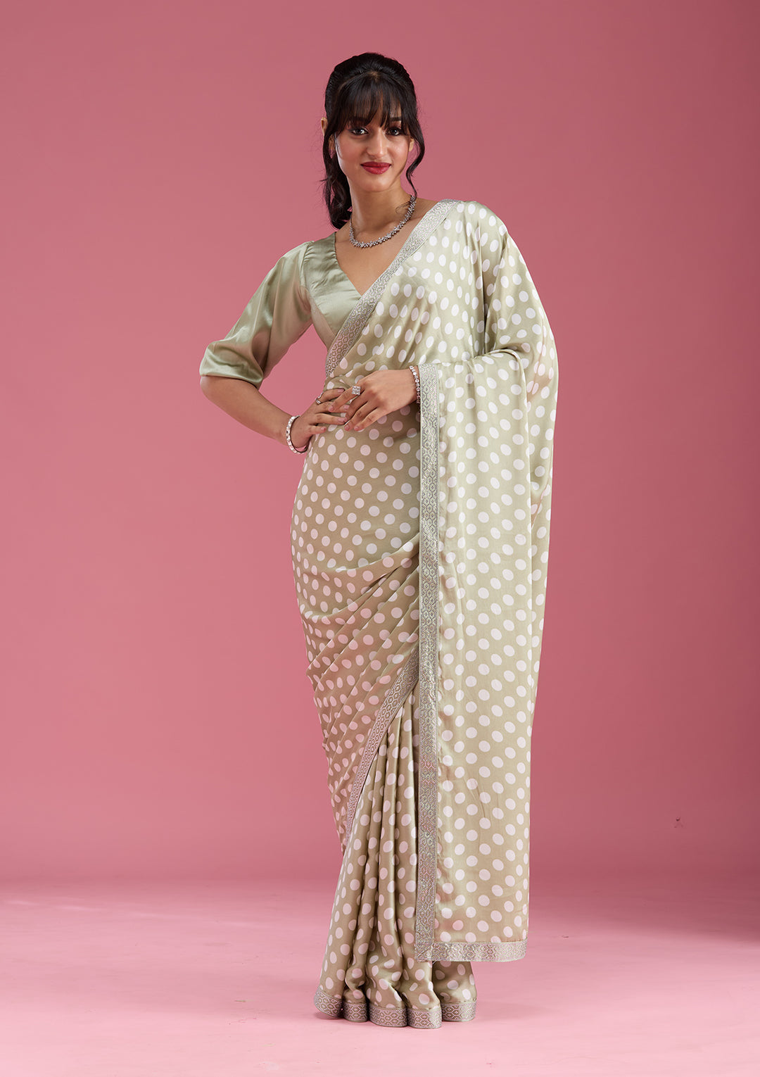 Pista Green Silver Stonework Satin Saree