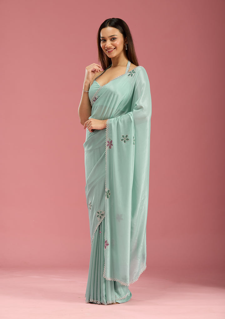 Sea Green Stonework (Silver) Satin Saree