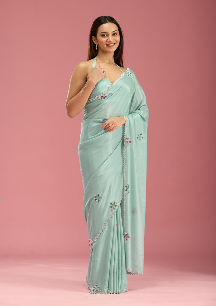 Sea Green Stonework (Silver) Satin Saree