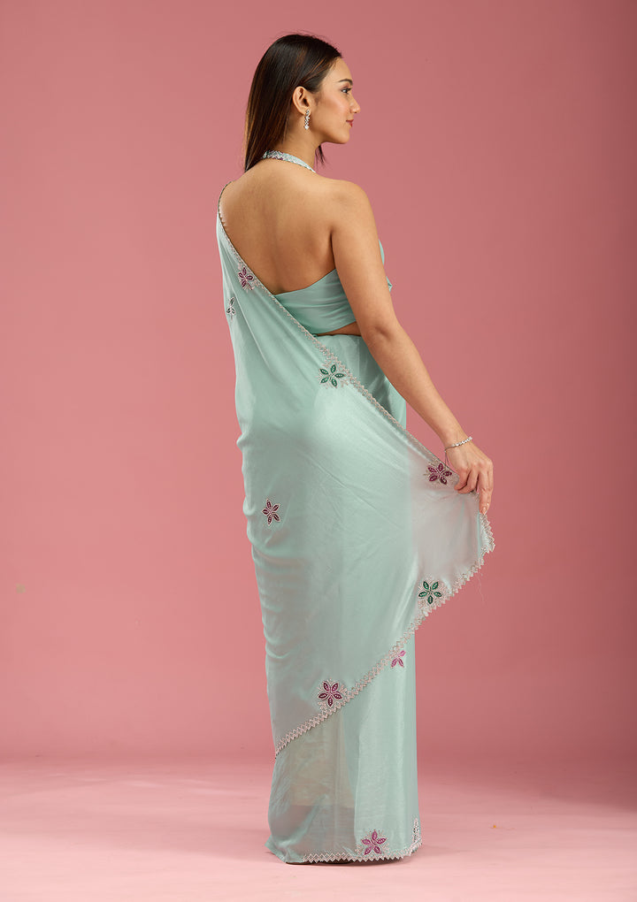 Sea Green Stonework (Silver) Satin Saree