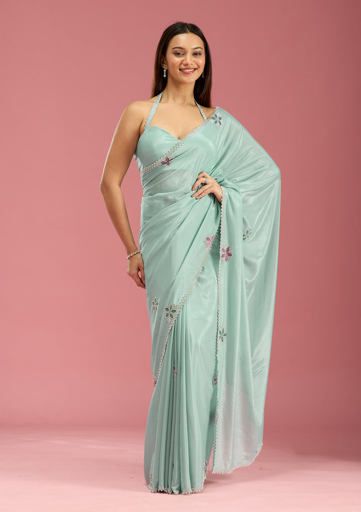 Sea Green Stonework (Silver) Satin Saree