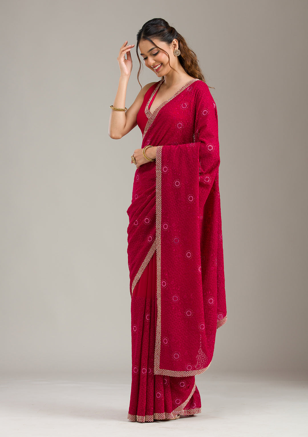 Rani Pink Cording Chinon Saree