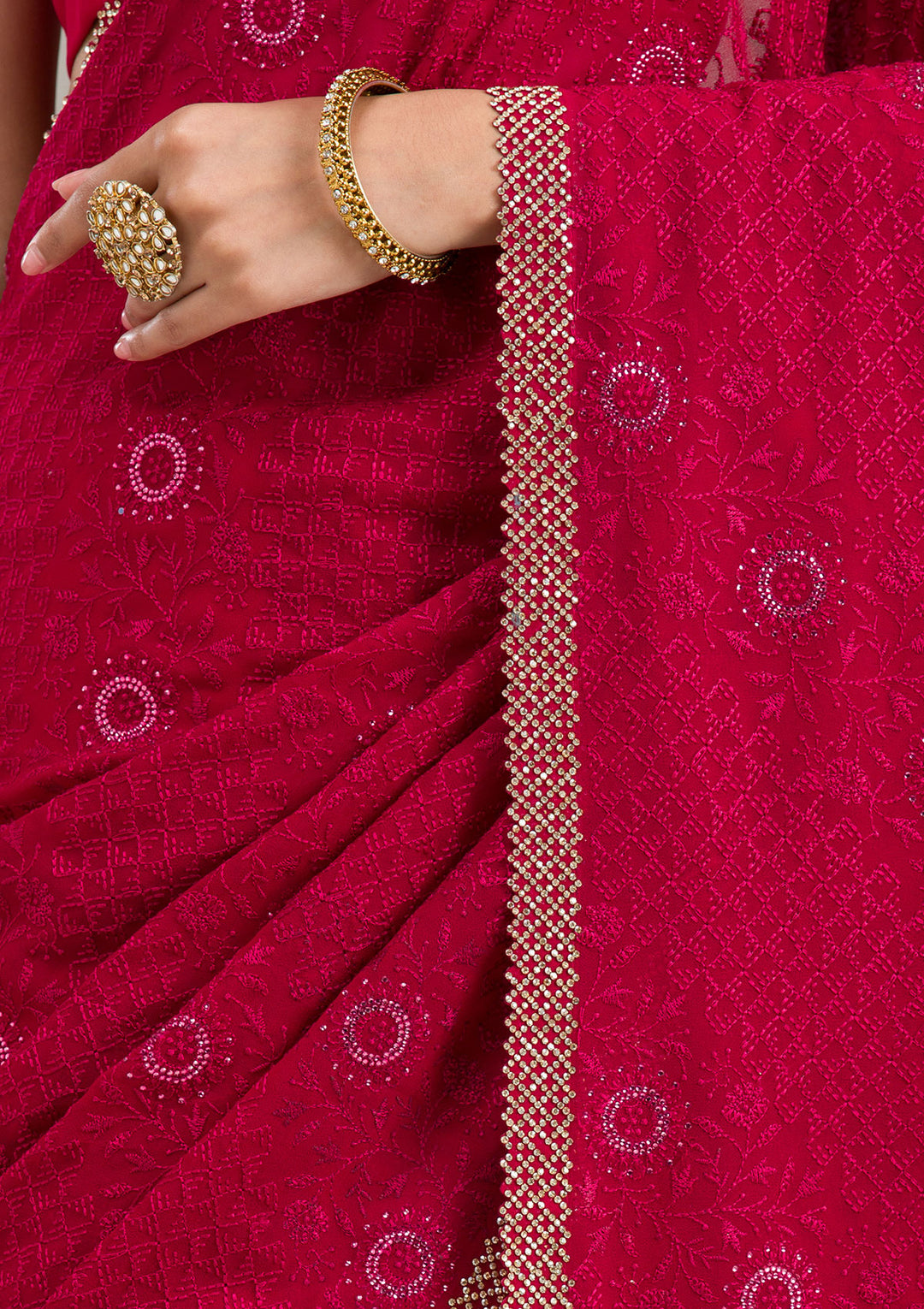 Rani Pink Cording Chinon Saree