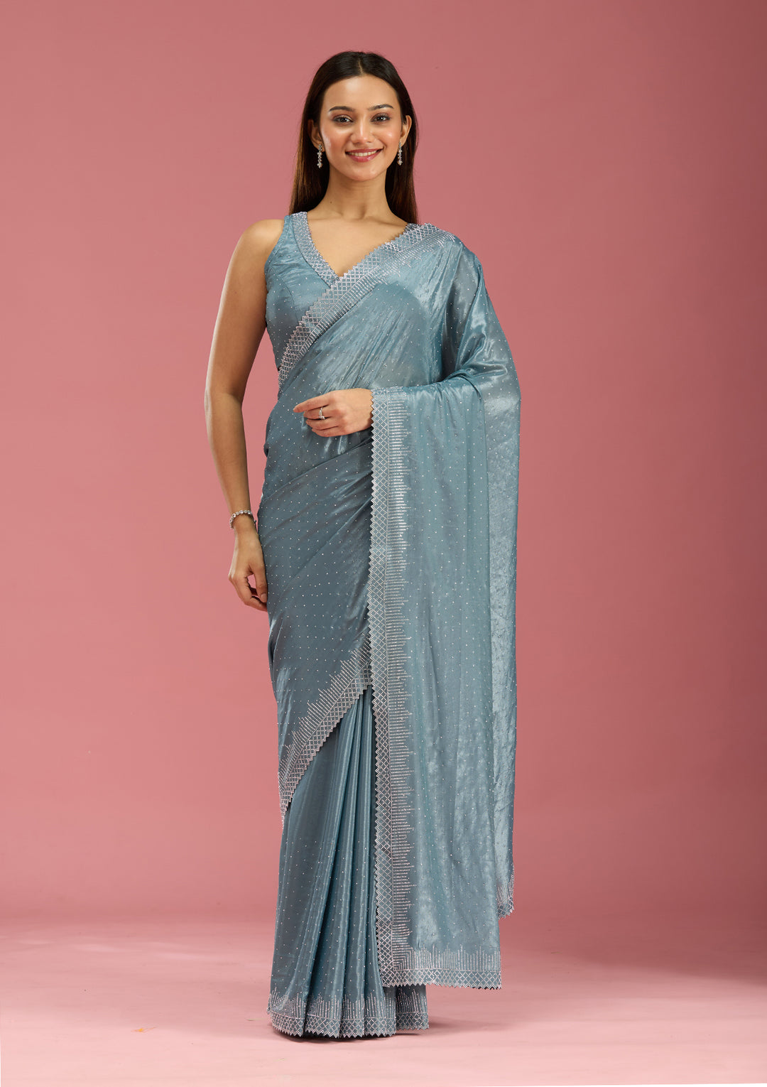 Teal Green Stonework (Silver) Satin Saree