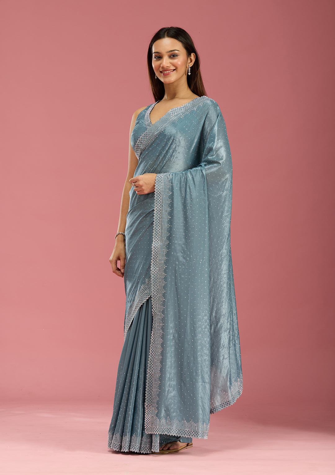 Teal Green Stonework (Silver) Satin Saree