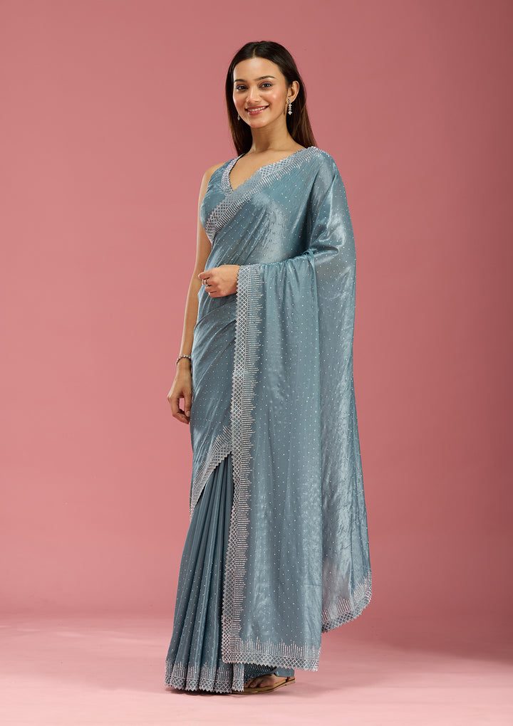 Teal Green Stonework (Silver) Satin Saree