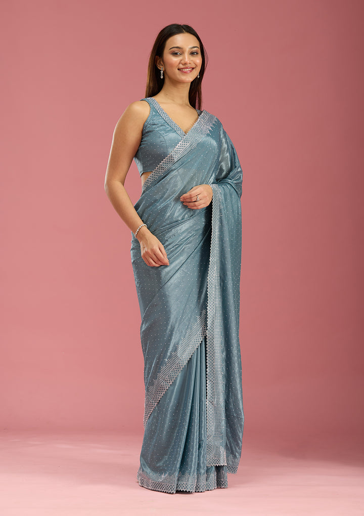 Teal Green Stonework (Silver) Satin Saree