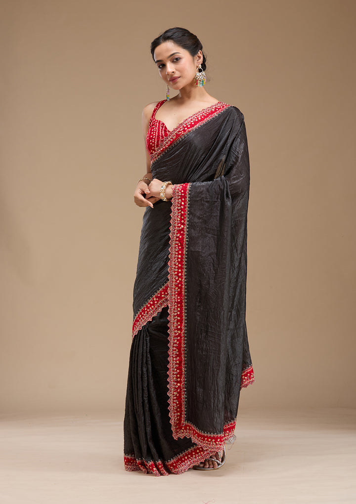 Black Printed Satin Saree