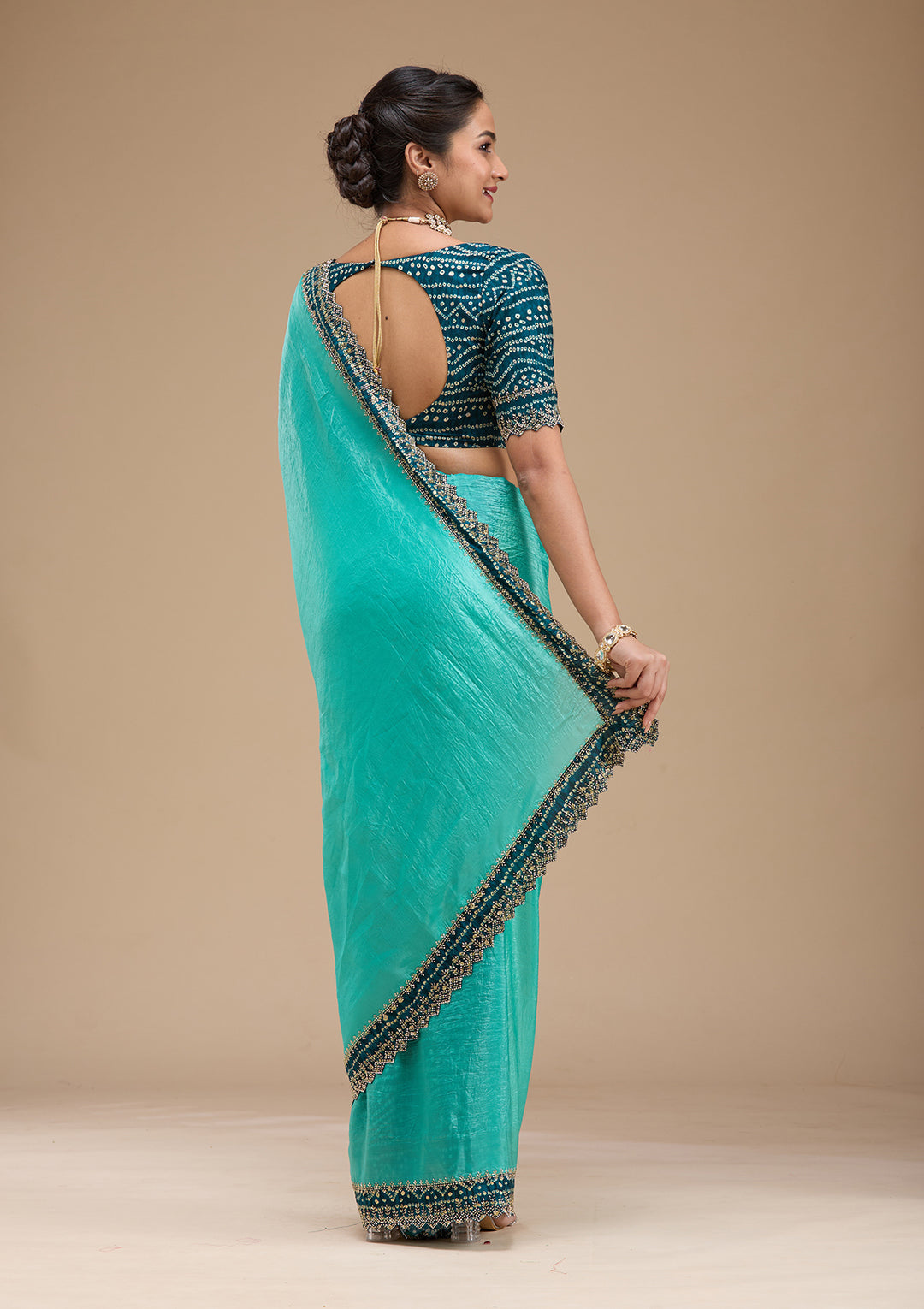Sea Green Printed Satin Saree