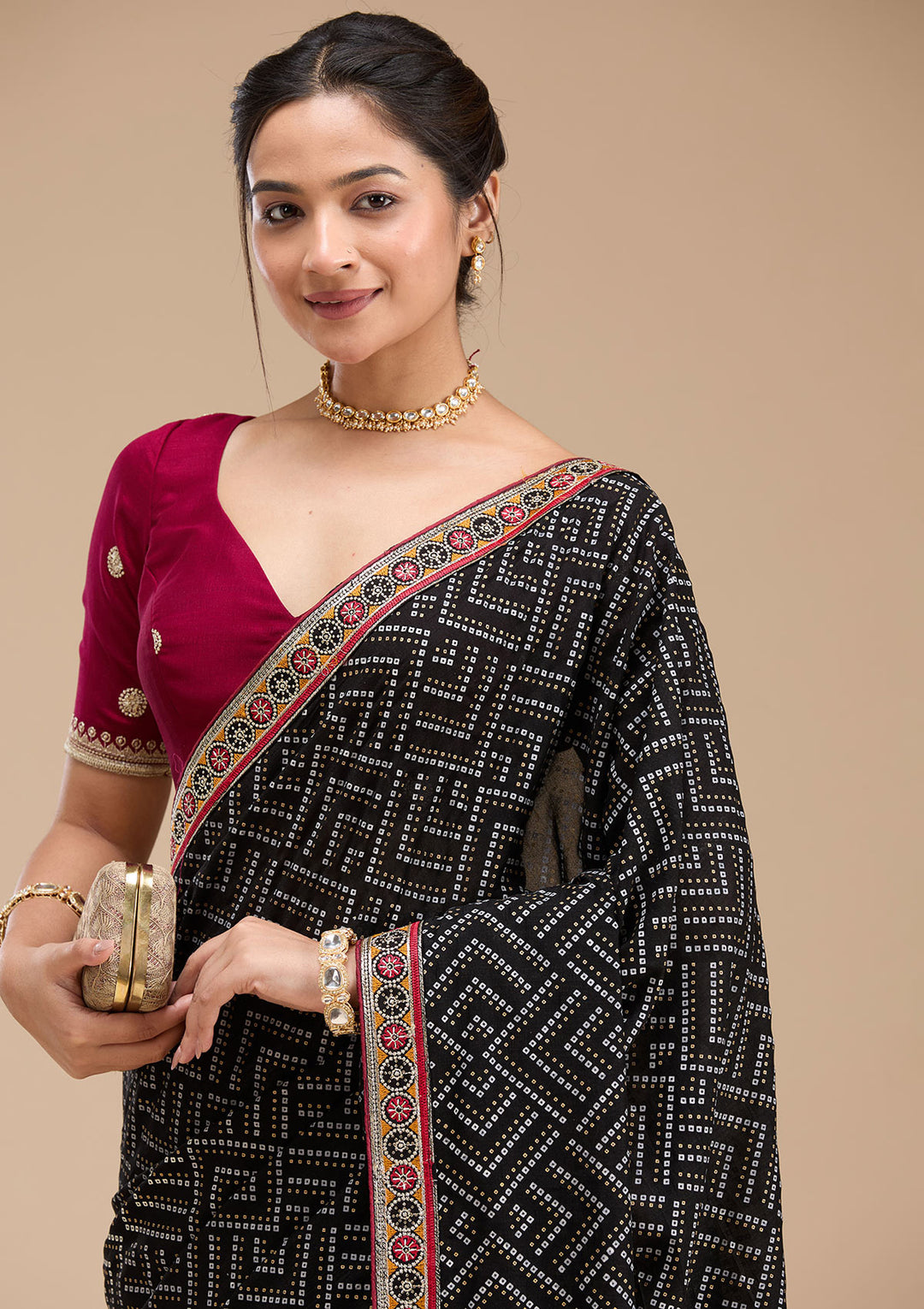 Black Bandhani Soft Raw Silk Saree
