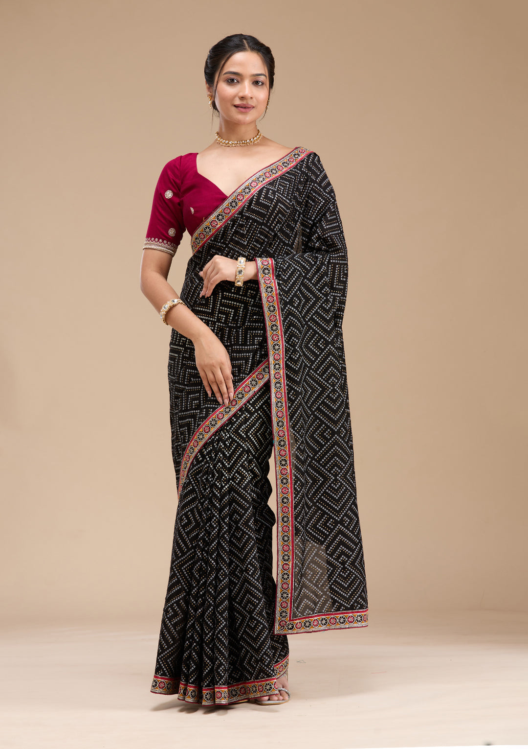 Black Bandhani Soft Raw Silk Saree