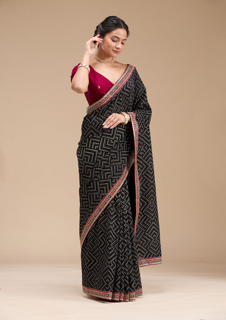 Black Bandhani Soft Raw Silk Saree