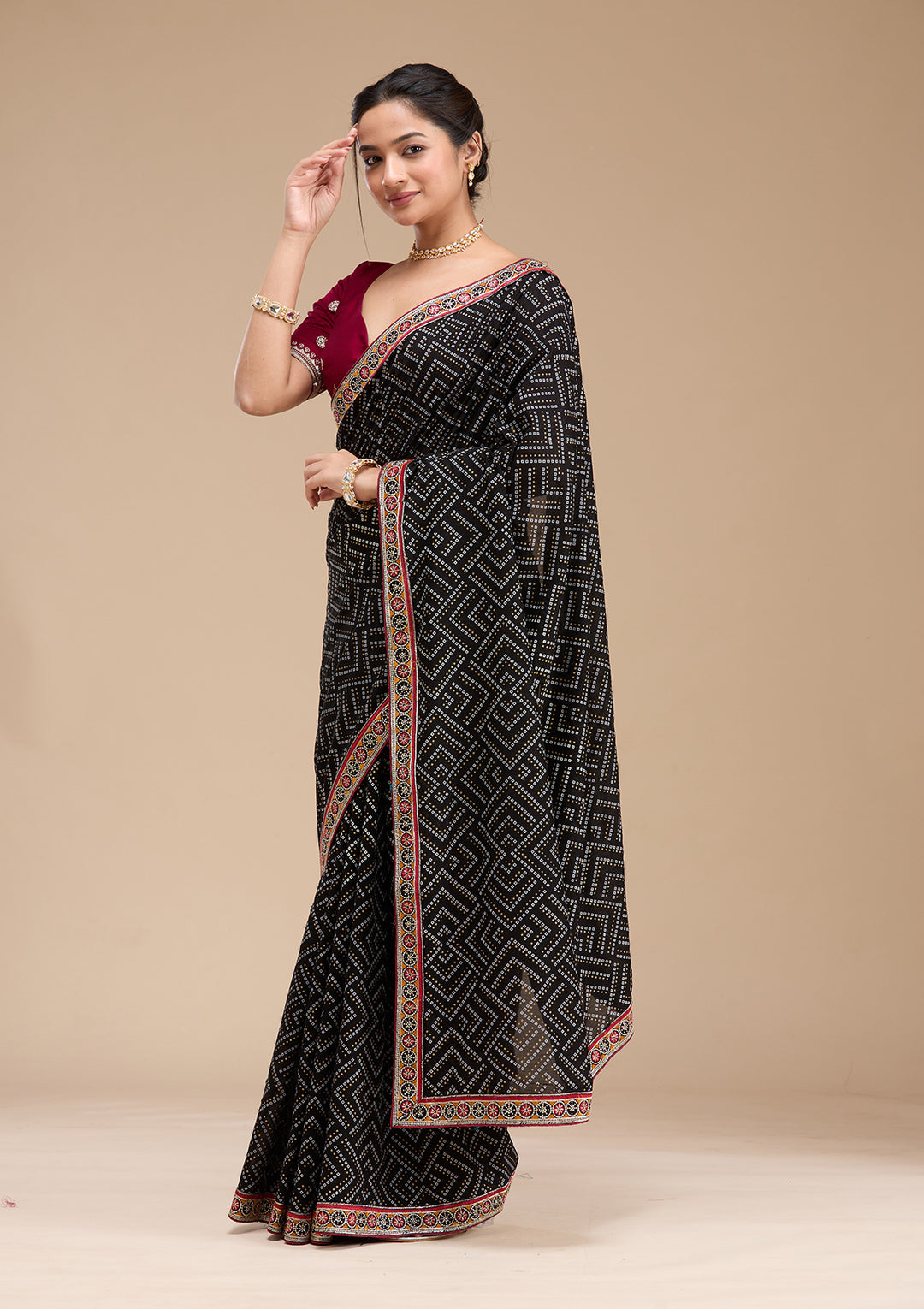 Black Bandhani Soft Raw Silk Saree