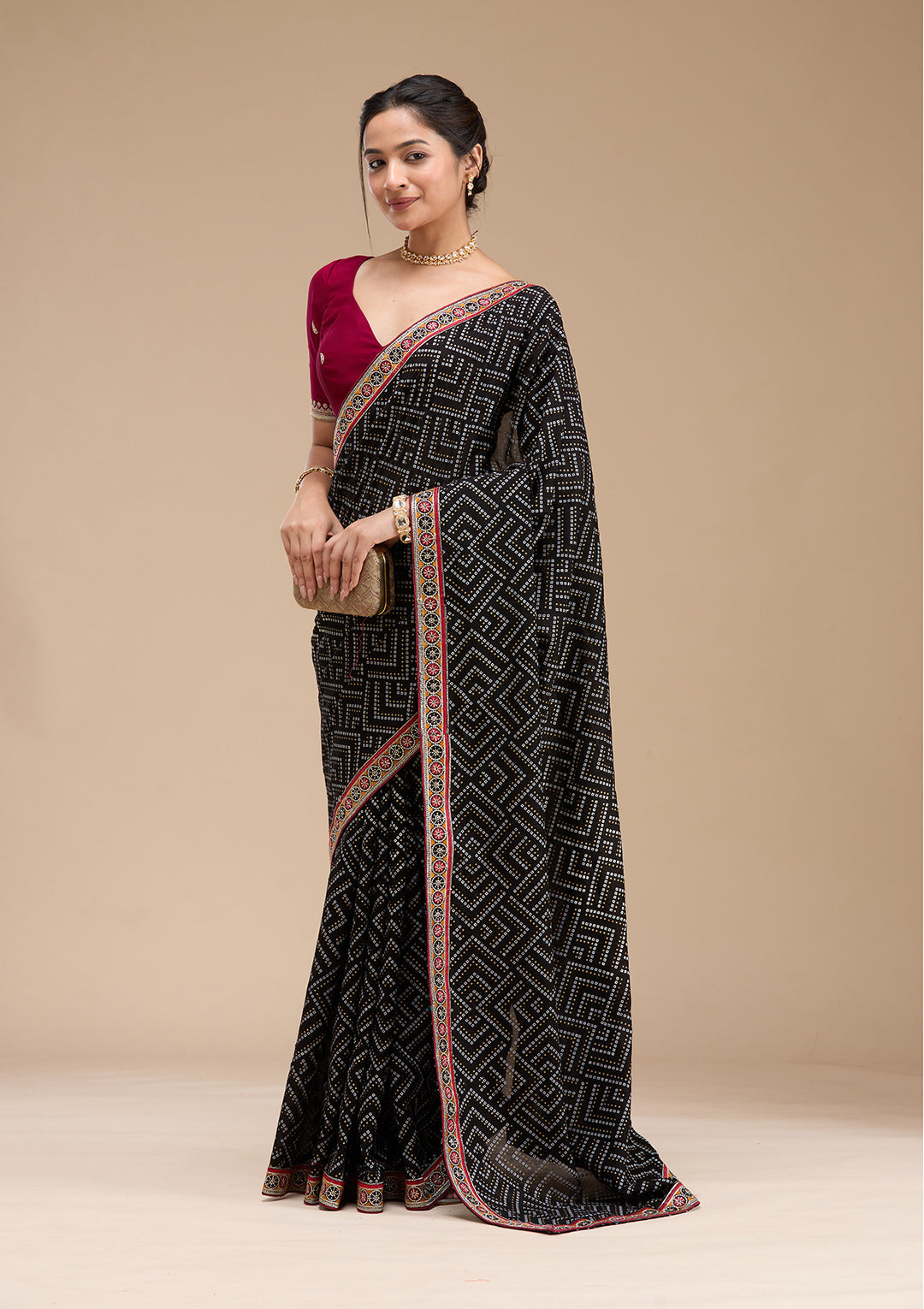 Black Bandhani Soft Raw Silk Saree