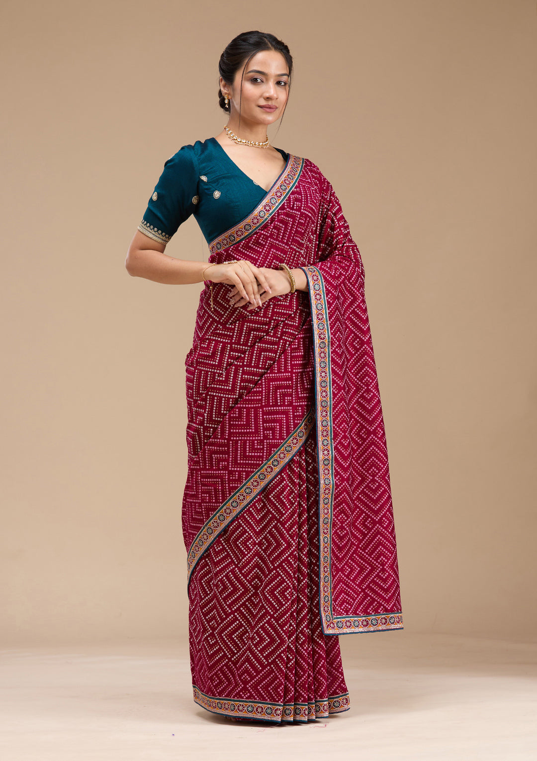Wine Printed Soft Raw Silk Saree
