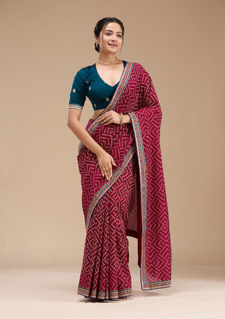 Wine Printed Soft Raw Silk Saree