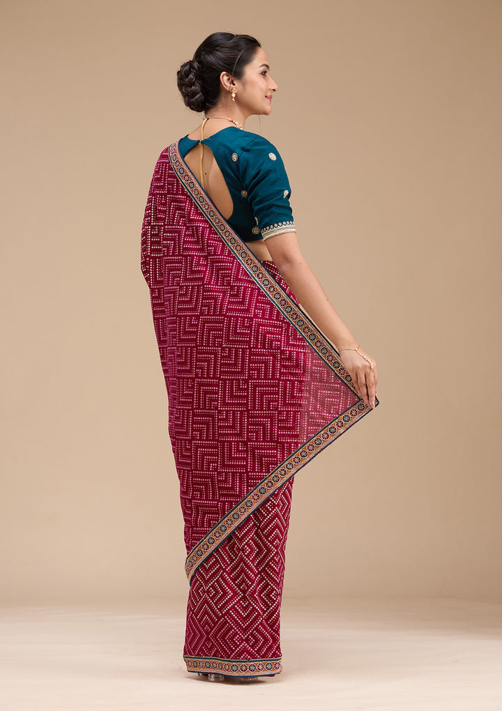 Wine Printed Soft Raw Silk Saree