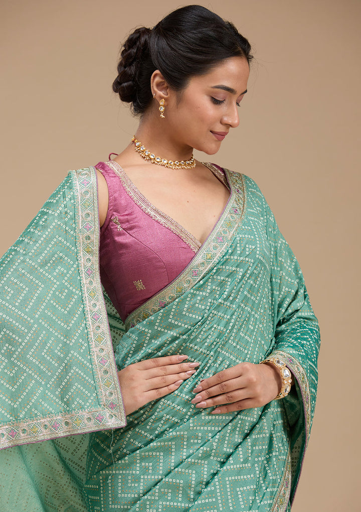 Sea Green Printed Soft Raw Silk Saree