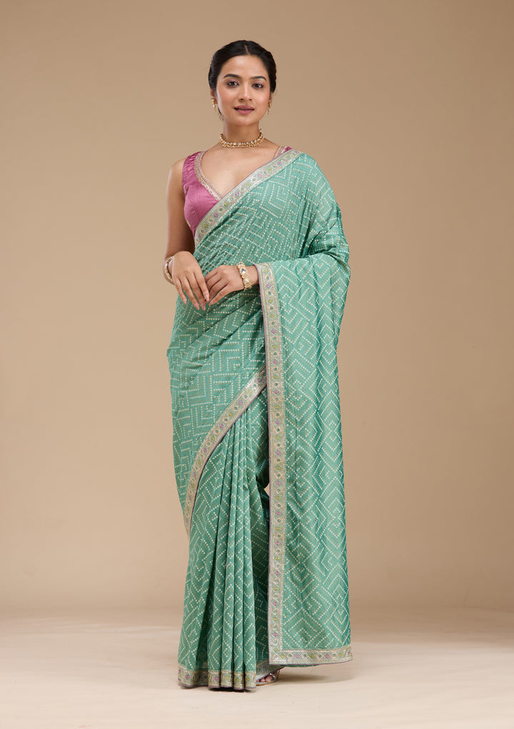 Sea Green Printed Soft Raw Silk Saree