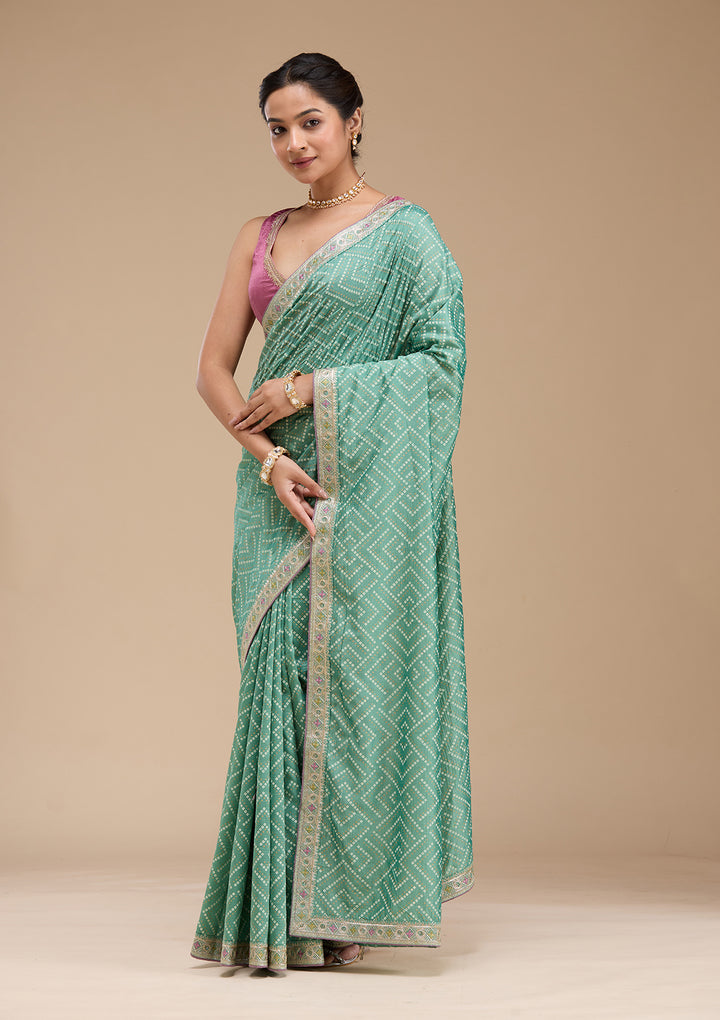 Sea Green Printed Soft Raw Silk Saree