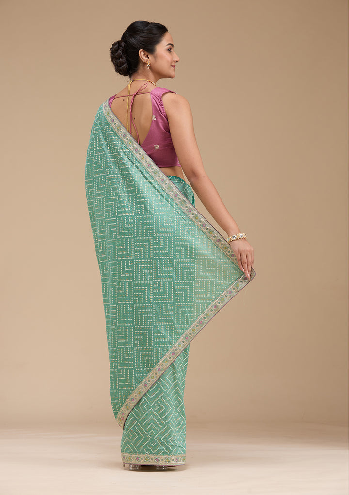 Sea Green Printed Soft Raw Silk Saree