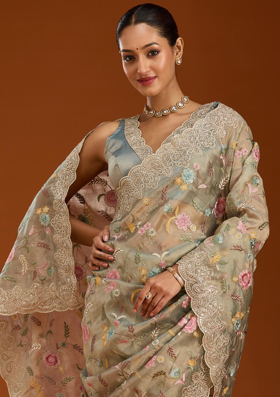 Sky Blue Cording Tissue Saree