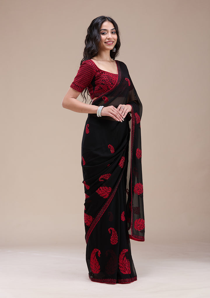 Black Threadwork Georgette Saree