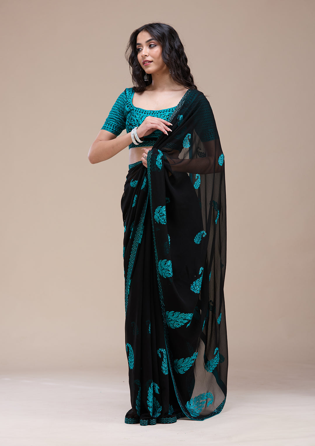 Black Threadwork Georgette Saree