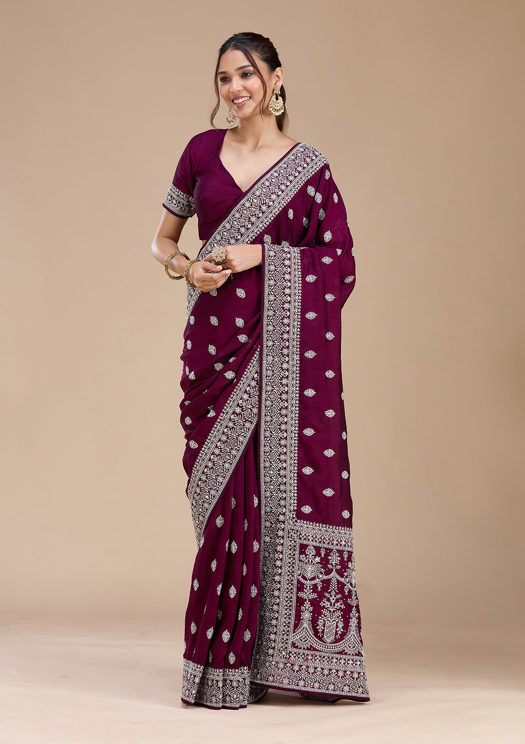 Wine Zariwork (Silver) Soft Raw Silk Saree
