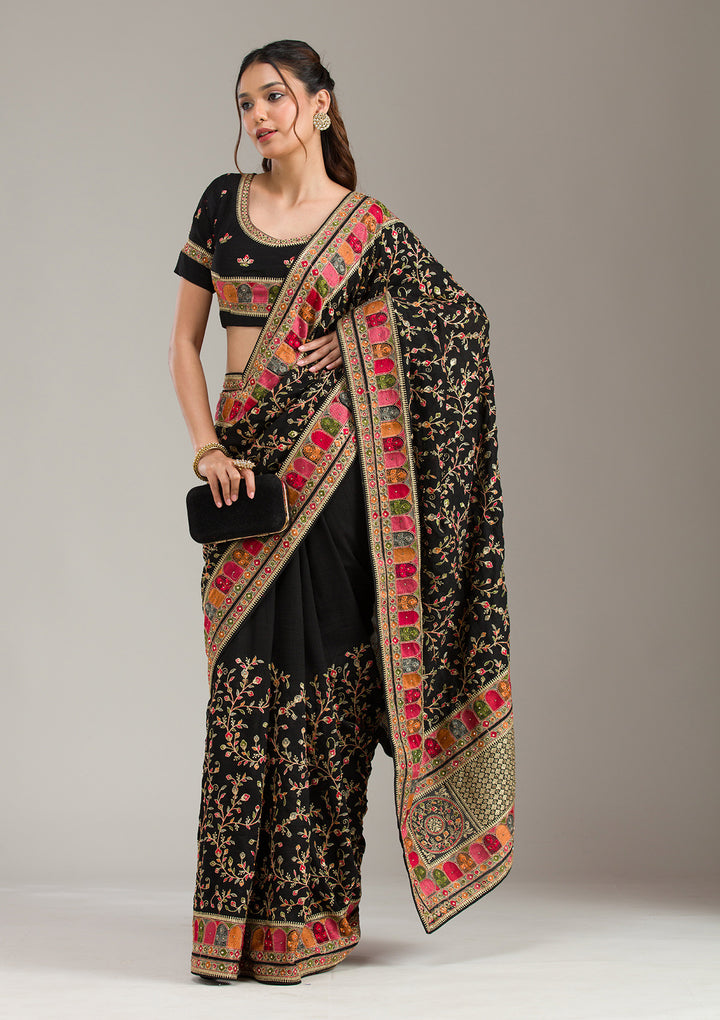 Black Threadwork Chiffon Saree