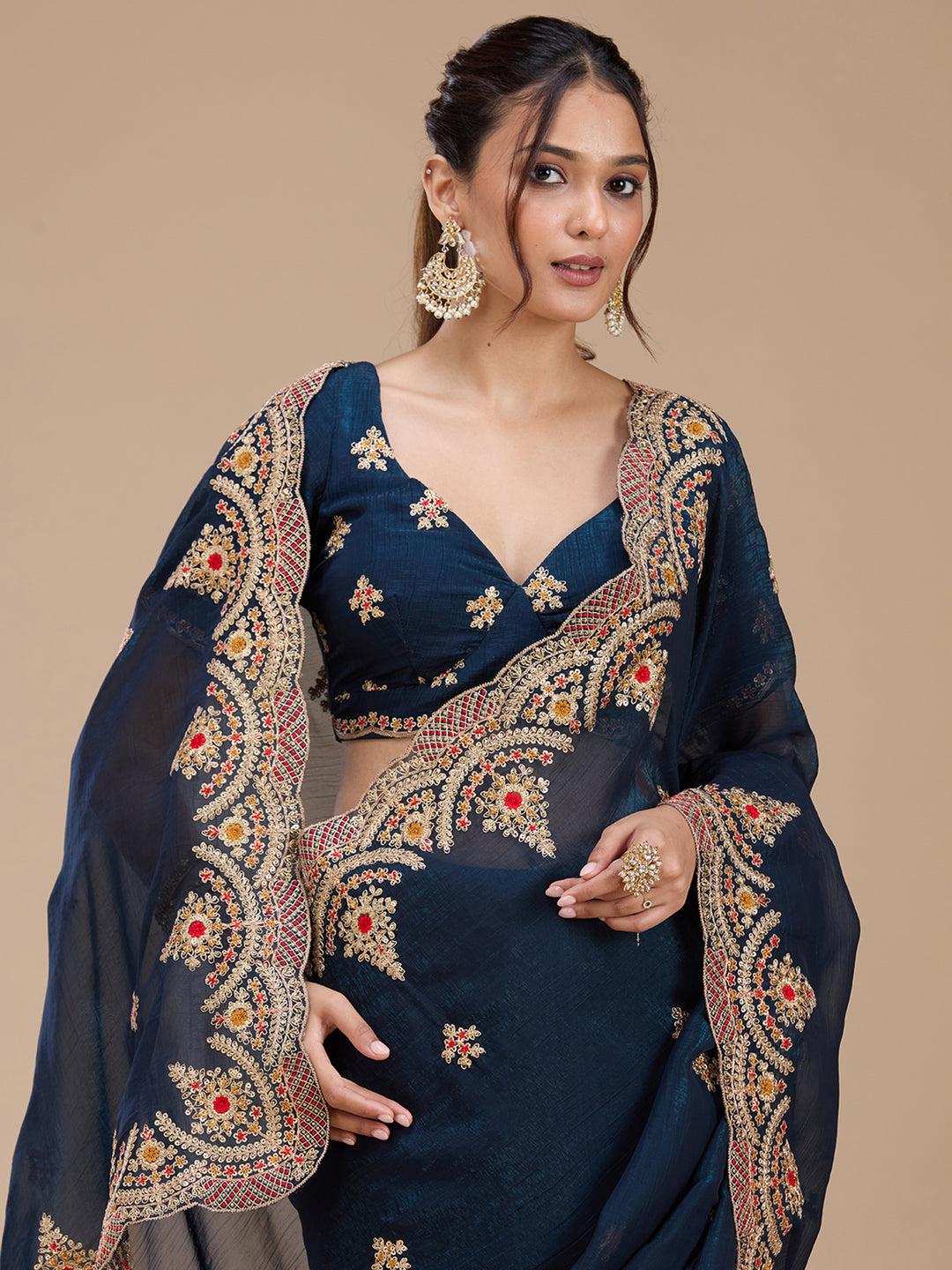 Peacock Blue Cording Georgette Saree