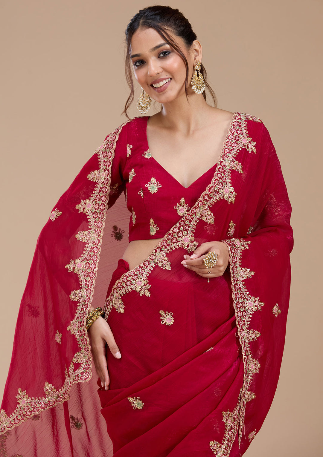 Rani Pink Cording Tissue Saree