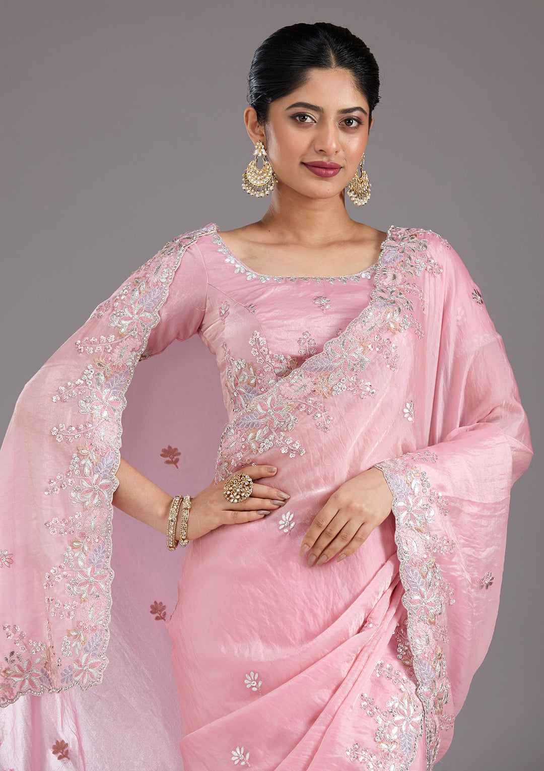 Baby Pink Gotapatti Satin Saree